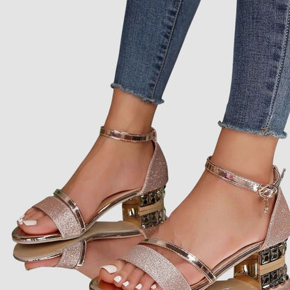 Women's Glitter Block-Heel Sandals with Gold Ankle Strap