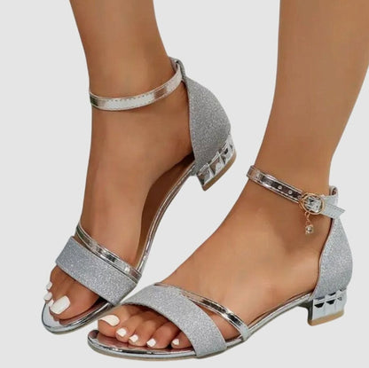 Women's Glitter Block-Heel Sandals with Gold Ankle Strap