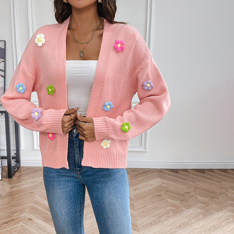 Women's 3D Floral Open-Front Knit Cardigan