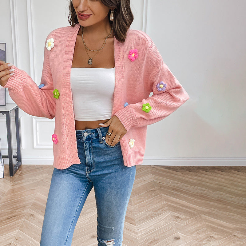 Women's 3D Floral Open-Front Knit Cardigan