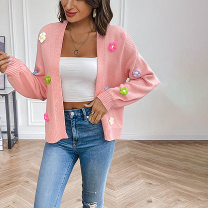 Women's 3D Floral Open-Front Knit Cardigan