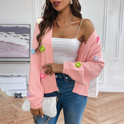 Women's 3D Floral Open-Front Knit Cardigan