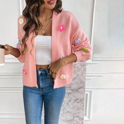 Women's 3D Floral Open-Front Knit Cardigan