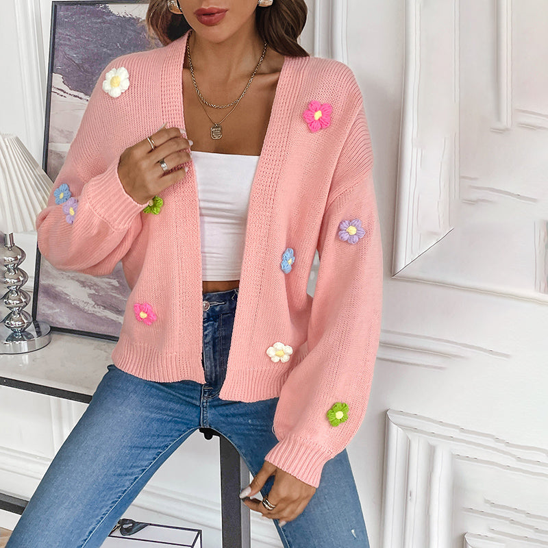 Women's 3D Floral Open-Front Knit Cardigan