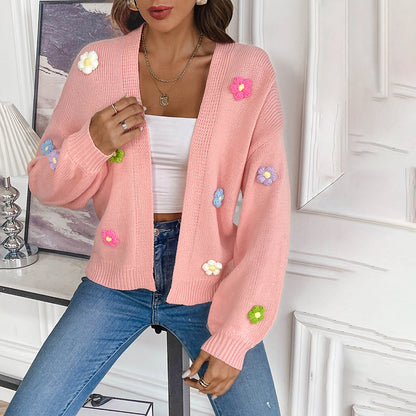 Women's 3D Floral Open-Front Knit Cardigan
