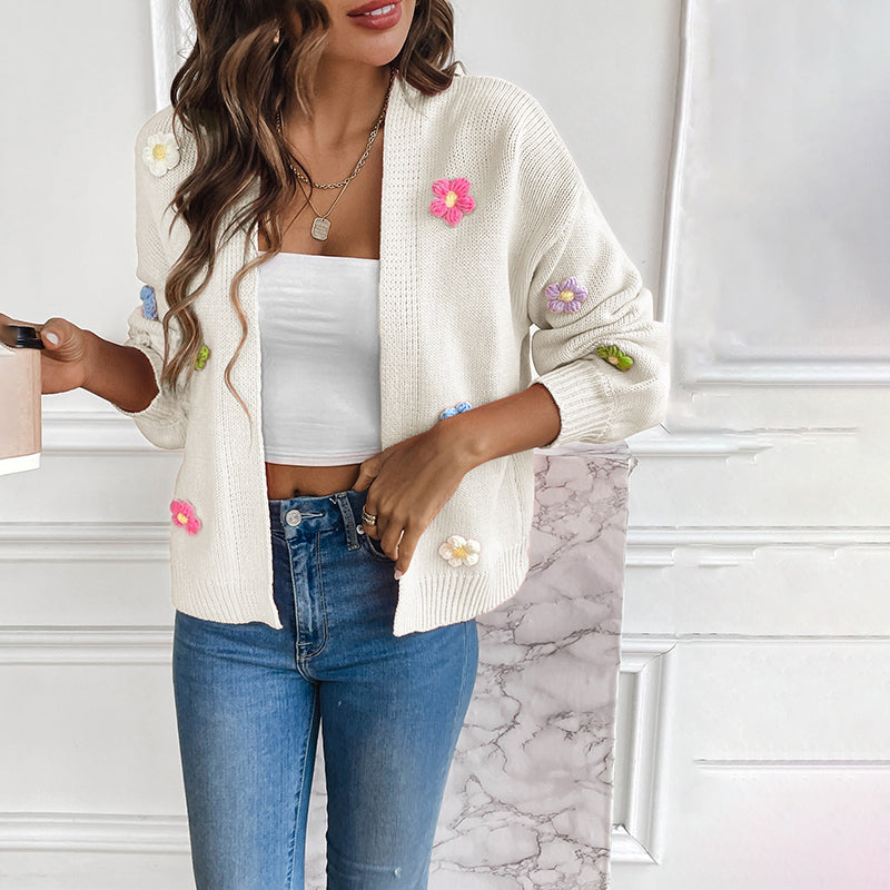 Women's 3D Floral Open-Front Knit Cardigan