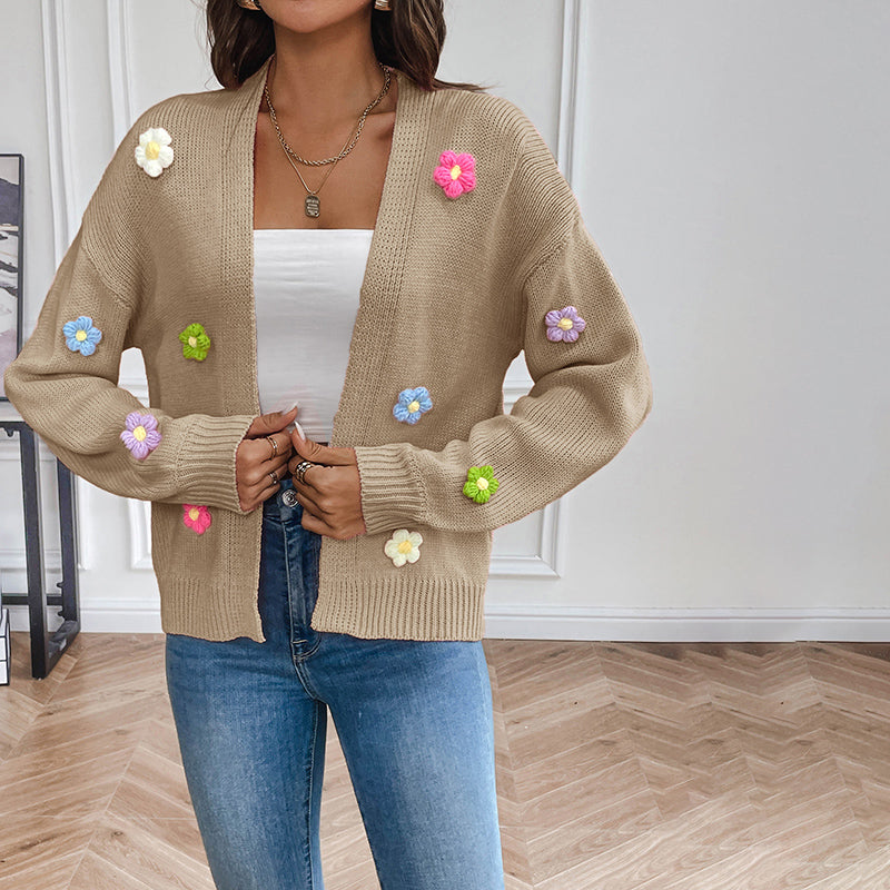 Women's 3D Floral Open-Front Knit Cardigan