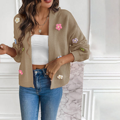 Women's 3D Floral Open-Front Knit Cardigan