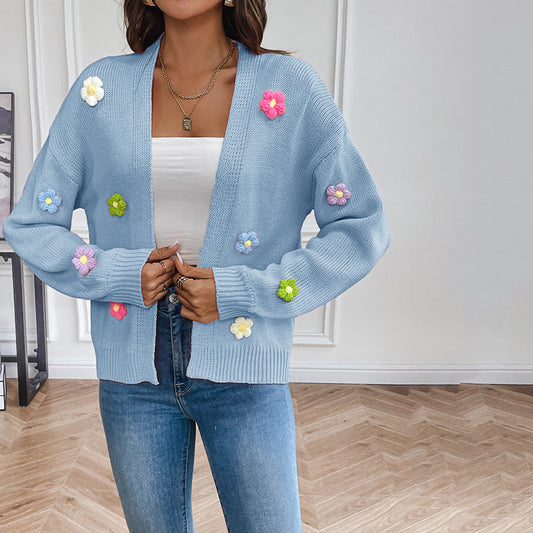 Women's 3D Floral Open-Front Knit Cardigan