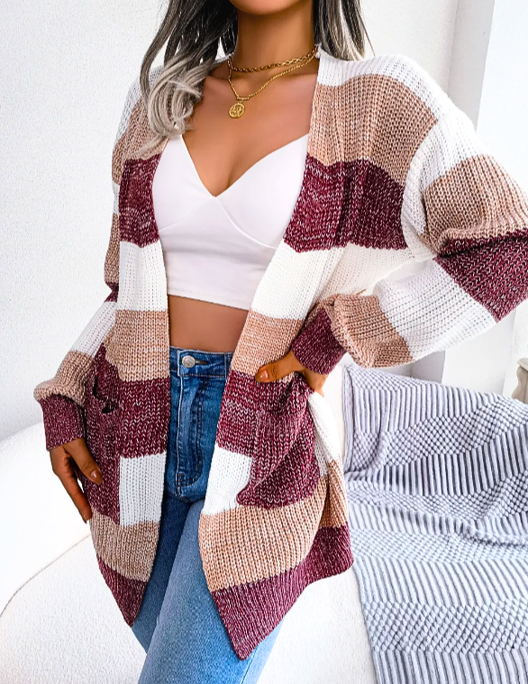 Women's Longline Colour-Block Striped Cardigan