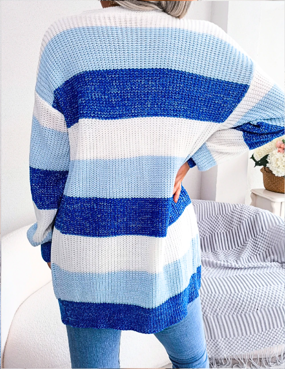 Women's Longline Colour-Block Striped Cardigan