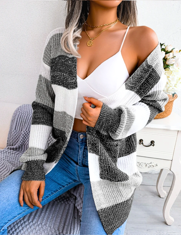 Women's Longline Colour-Block Striped Cardigan