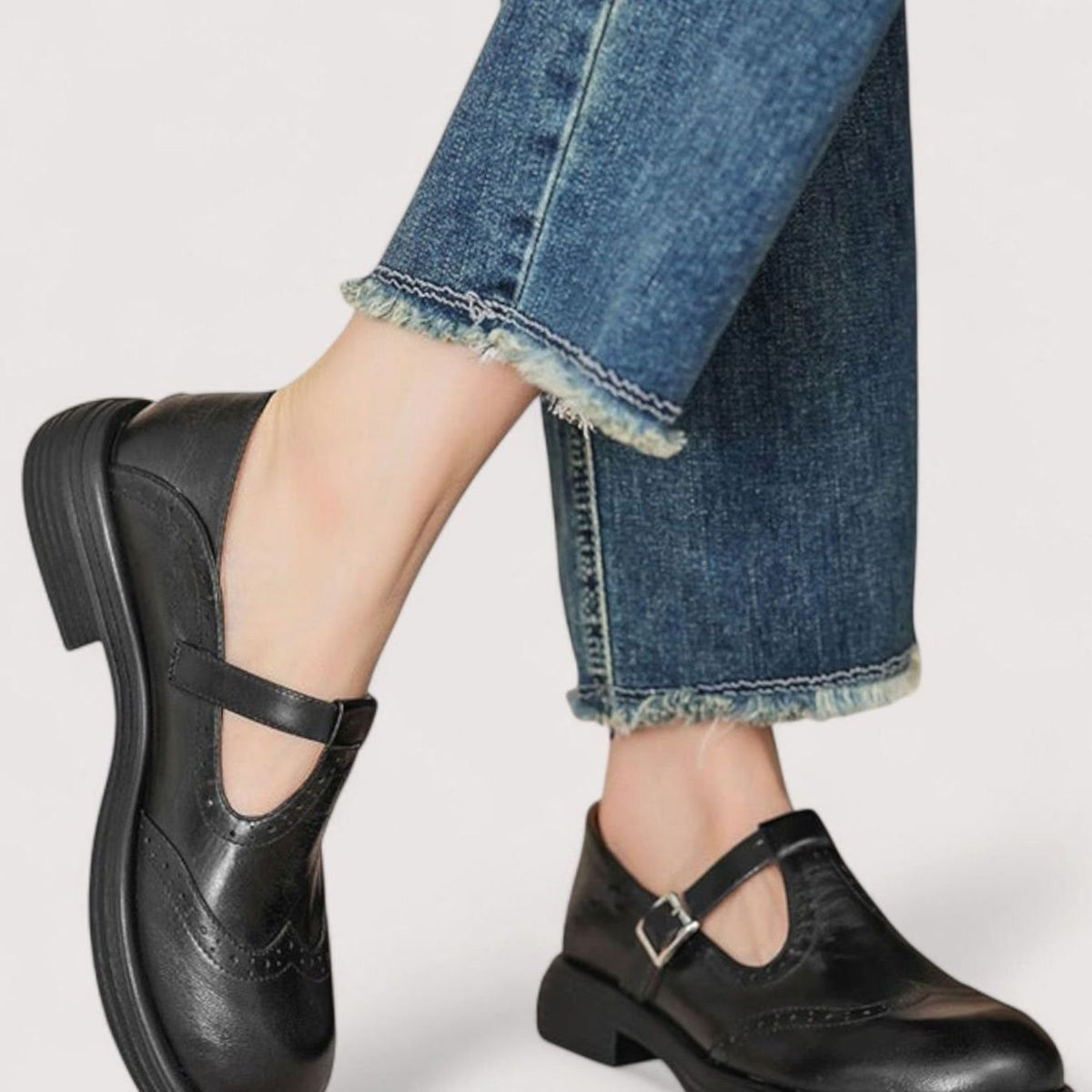 Women's Leather Brogue T-Bar Mary Jane Shoes