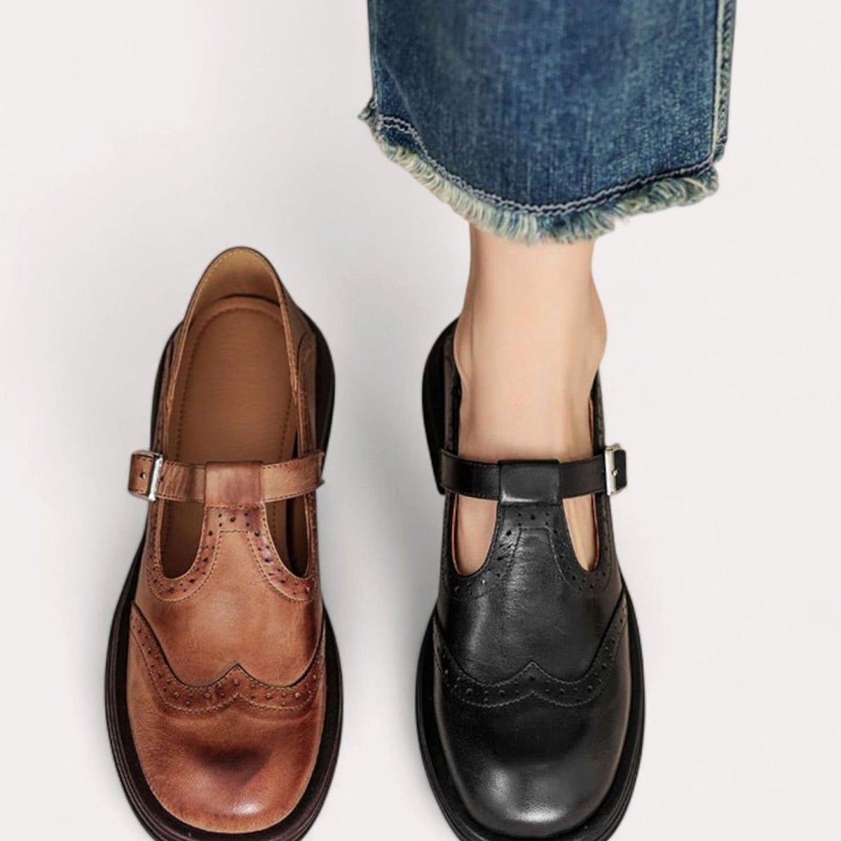 Women's Leather Brogue T-Bar Mary Jane Shoes