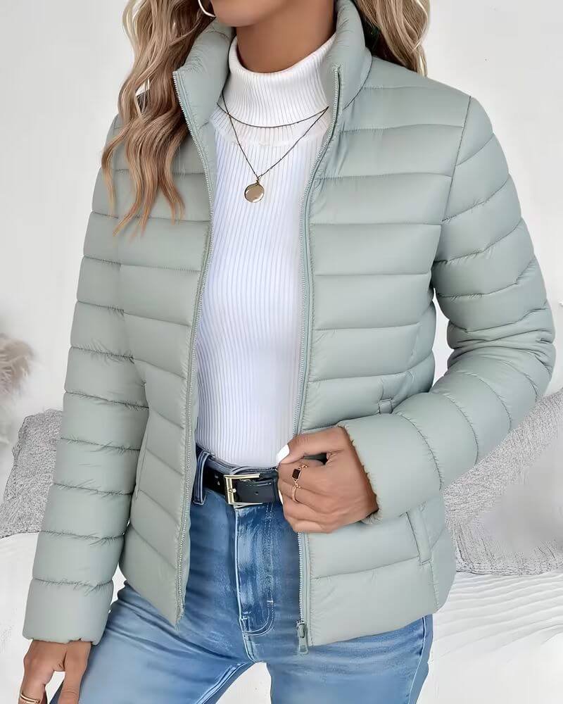Women's Cropped Quilted Puffer Jacket with Stand Collar