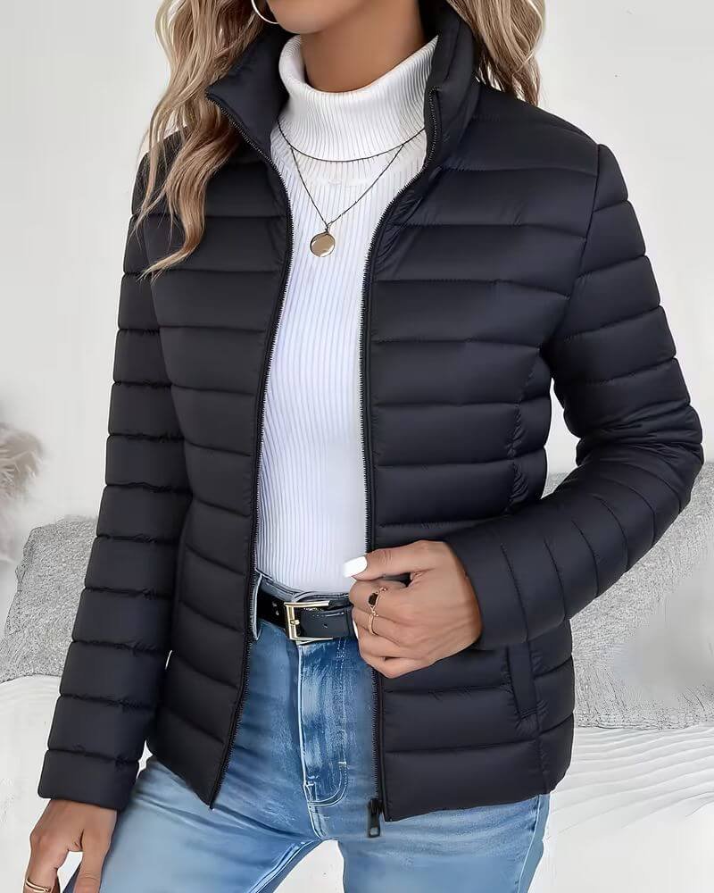 Women's Cropped Quilted Puffer Jacket with Stand Collar