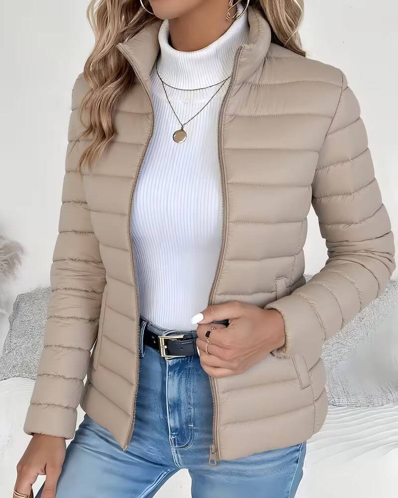 Women's Cropped Quilted Puffer Jacket with Stand Collar