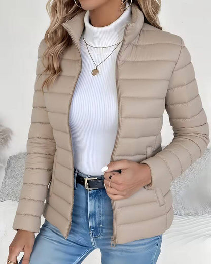 Women's Cropped Quilted Puffer Jacket with Stand Collar