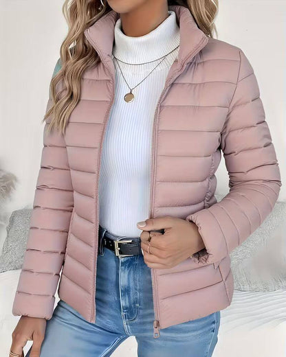 Women's Cropped Quilted Puffer Jacket with Stand Collar