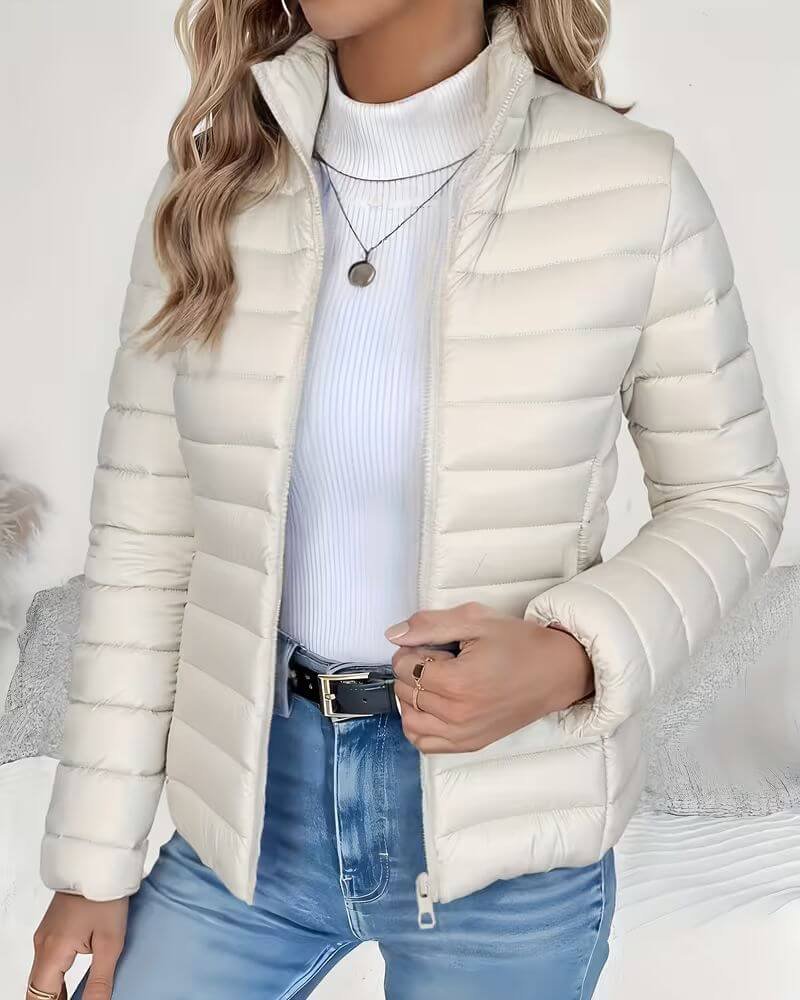 Women's Cropped Quilted Puffer Jacket with Stand Collar