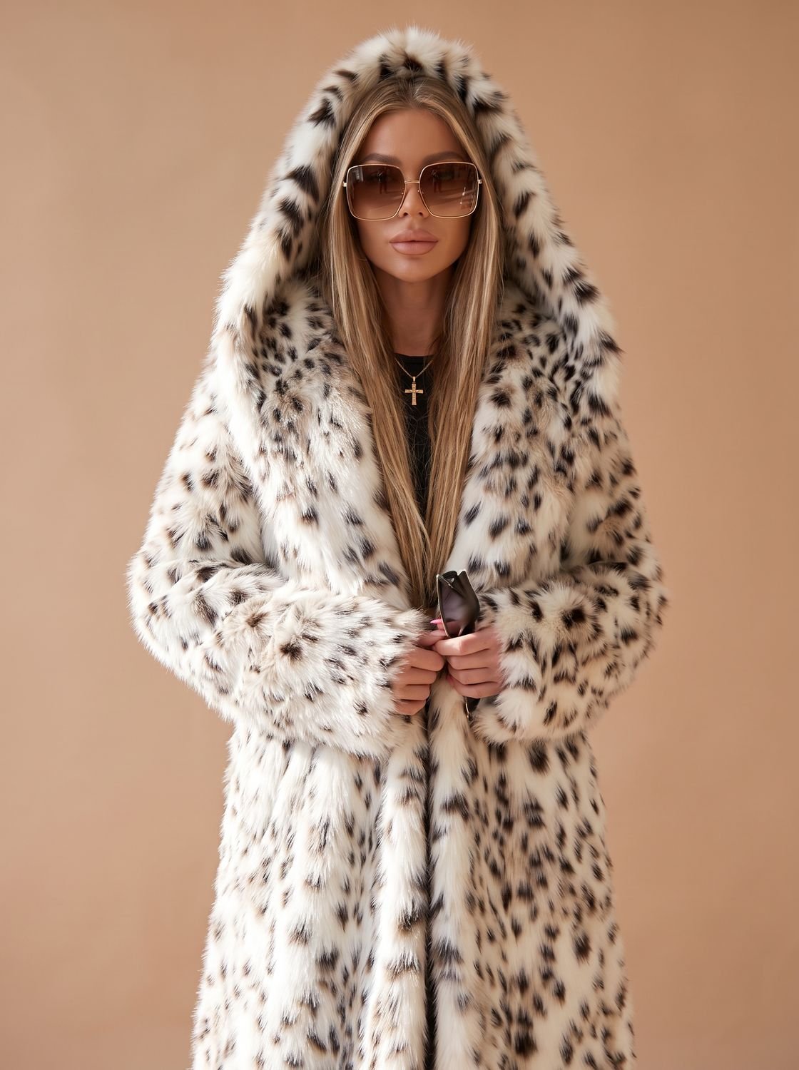 Women's Long Leopard Print Faux Fur Belted Coat