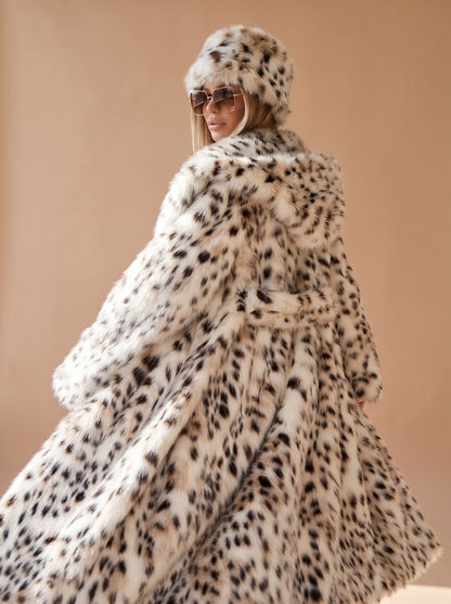 Women's Long Leopard Print Faux Fur Belted Coat