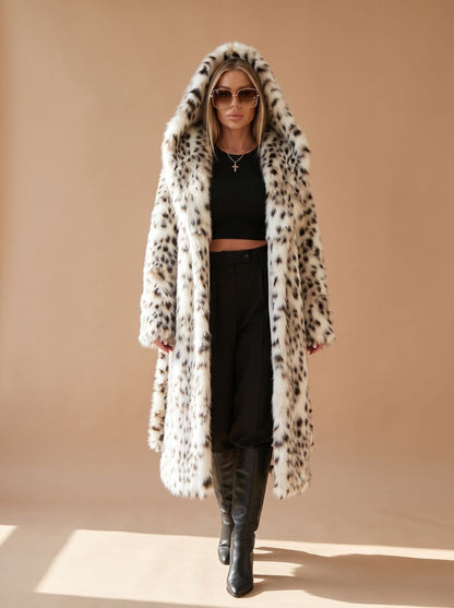Women's Long Leopard Print Faux Fur Belted Coat