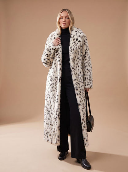 Women's Longline Leopard Print Faux Fur Coat