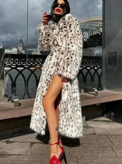 Women's Longline Leopard Print Faux Fur Coat