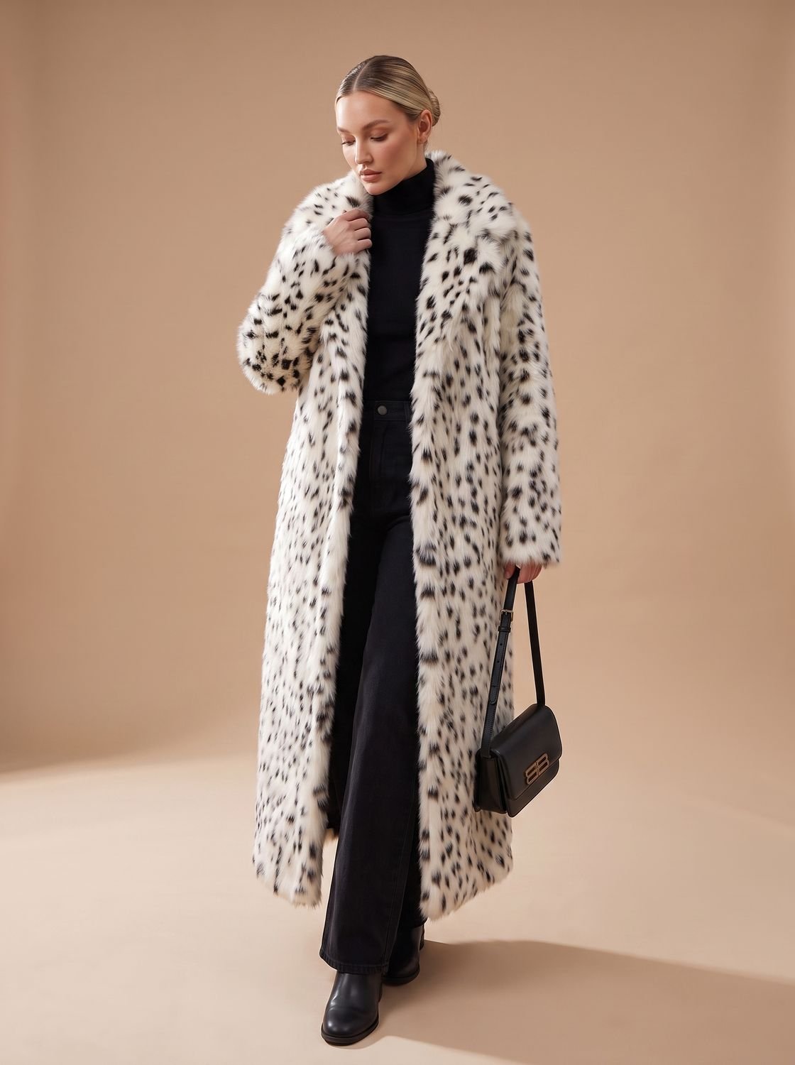 Women's Longline Leopard Print Faux Fur Coat