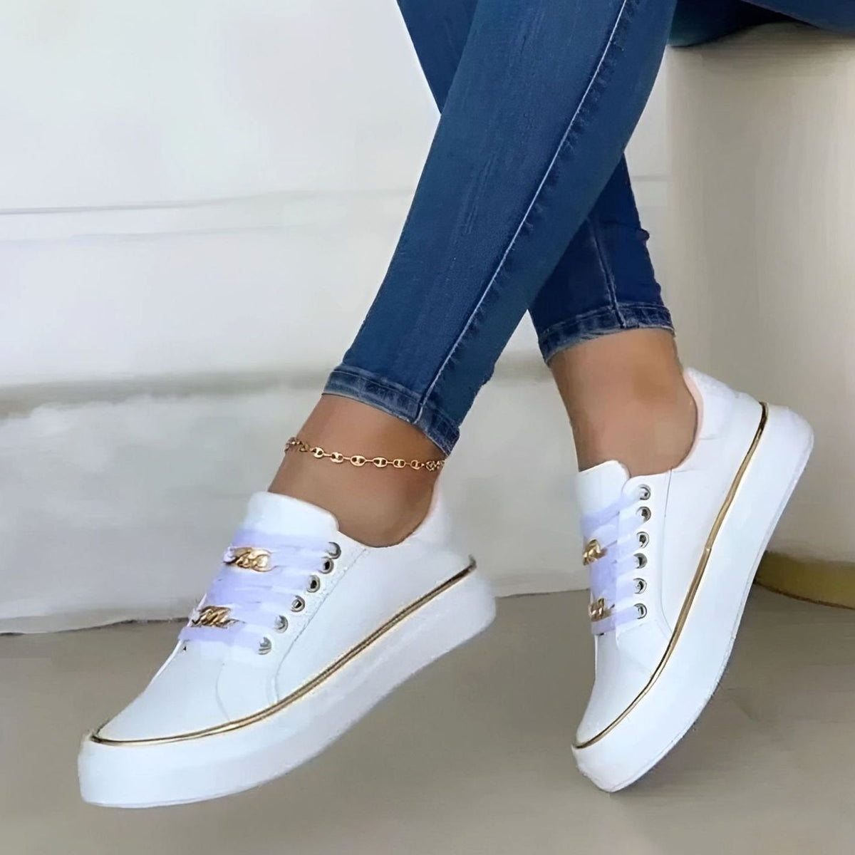 Women's Orthopaedic Gold-Accent Platform Trainers with Chain Laces