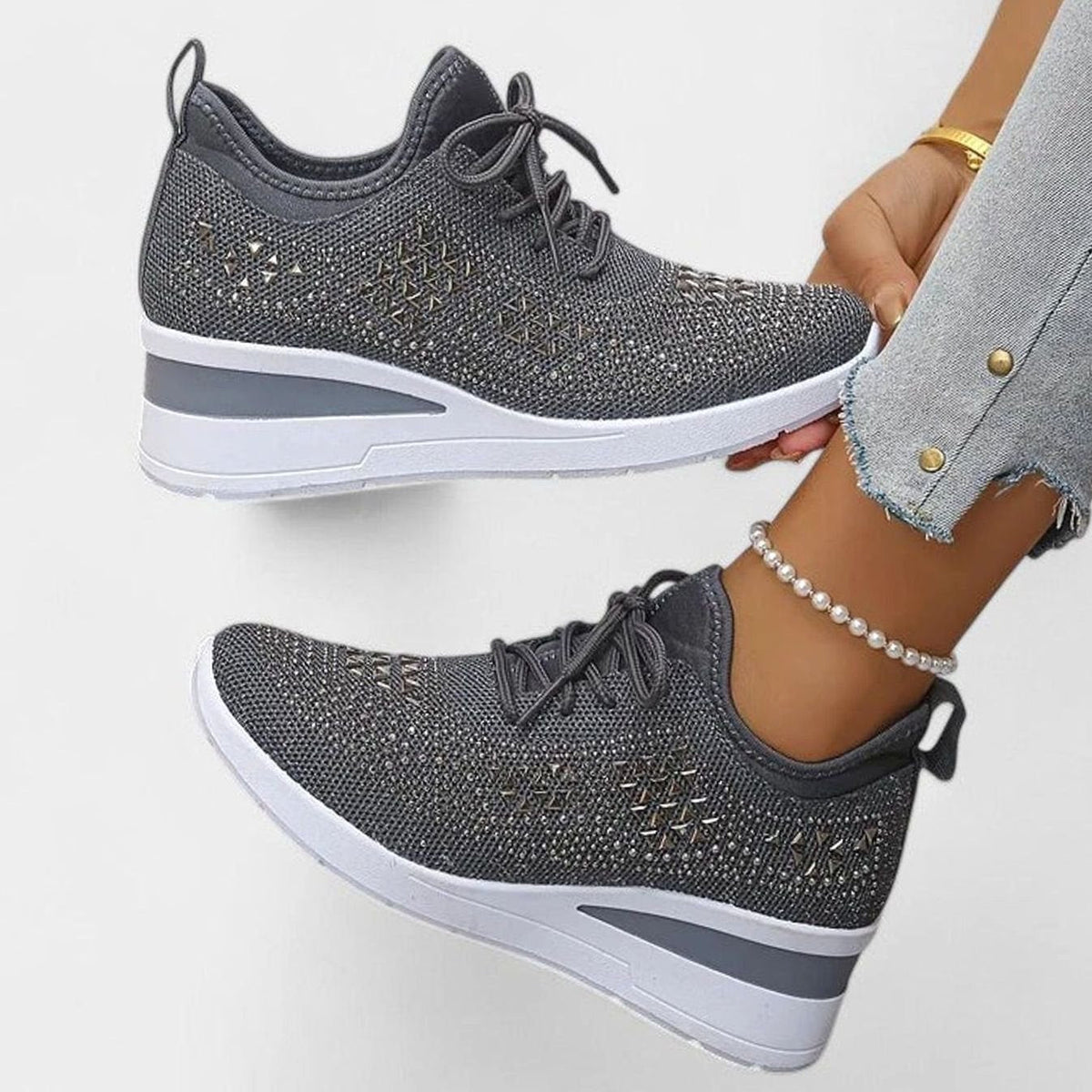 Women's Orthopaedic Rhinestone Knit Wedge Trainers