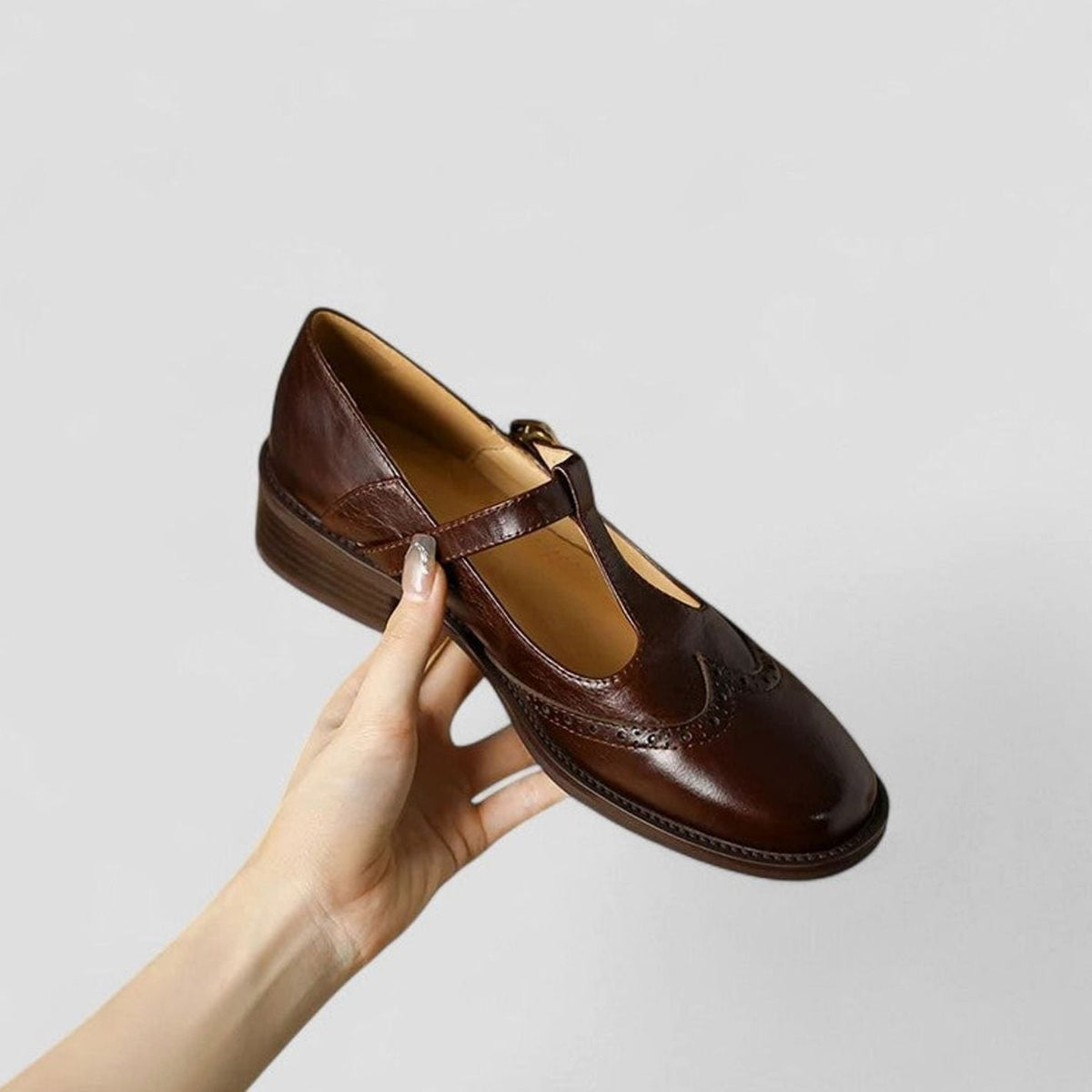Women's Orthopaedic Brogue T-Bar Mary Jane Shoes with Low Heel