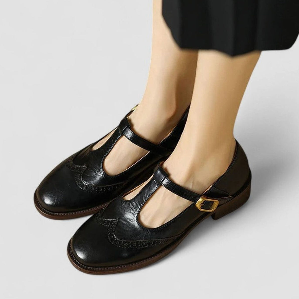 Women's Orthopaedic Brogue T-Bar Mary Jane Shoes with Low Heel