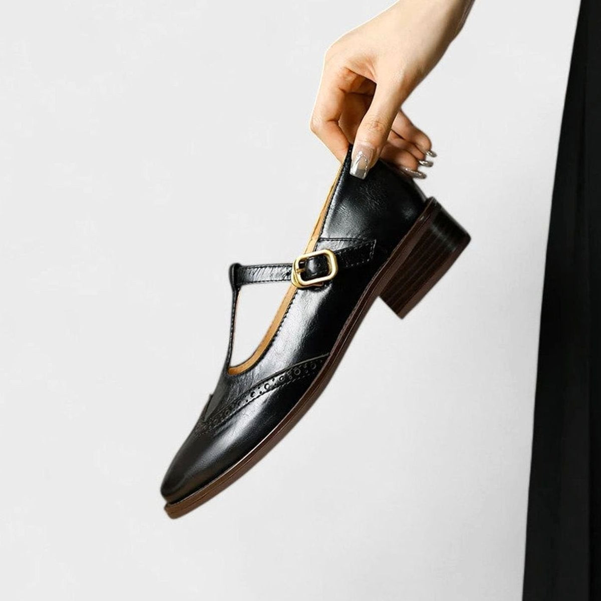Women's Orthopaedic Brogue T-Bar Mary Jane Shoes with Low Heel
