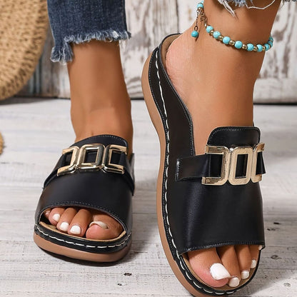 Women's Orthopaedic Wedge Slip-On Sandals with Gold Chain Detail