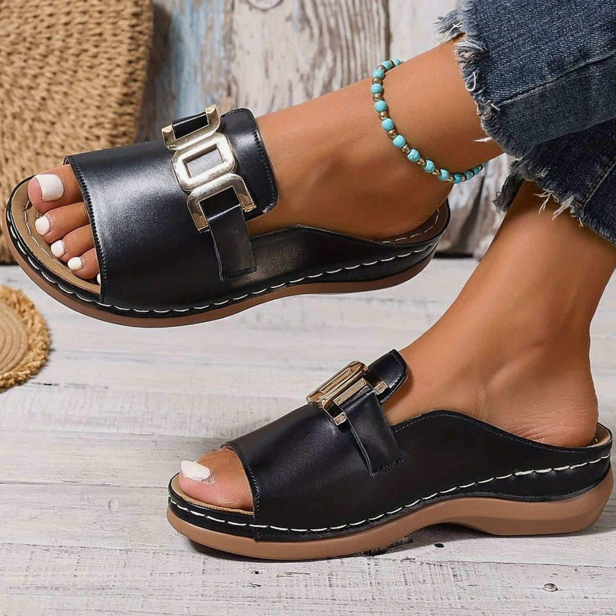 Women's Orthopaedic Wedge Slip-On Sandals with Gold Chain Detail