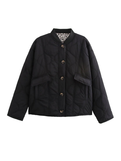 Women's Oversized Quilted Jacket with Leopard Print Lining