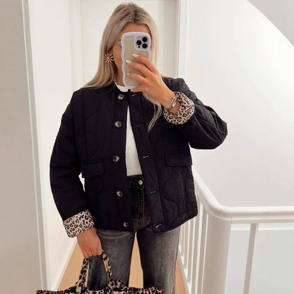 Women's Oversized Quilted Jacket with Leopard Print Lining