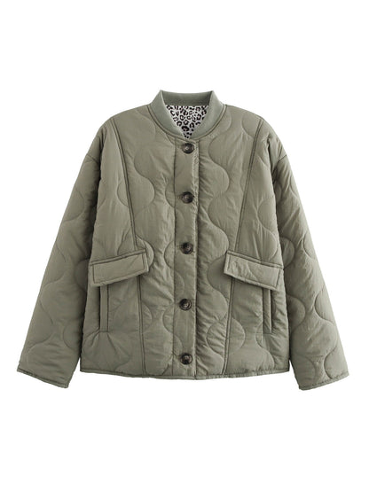 Women's Oversized Quilted Jacket with Leopard Print Lining