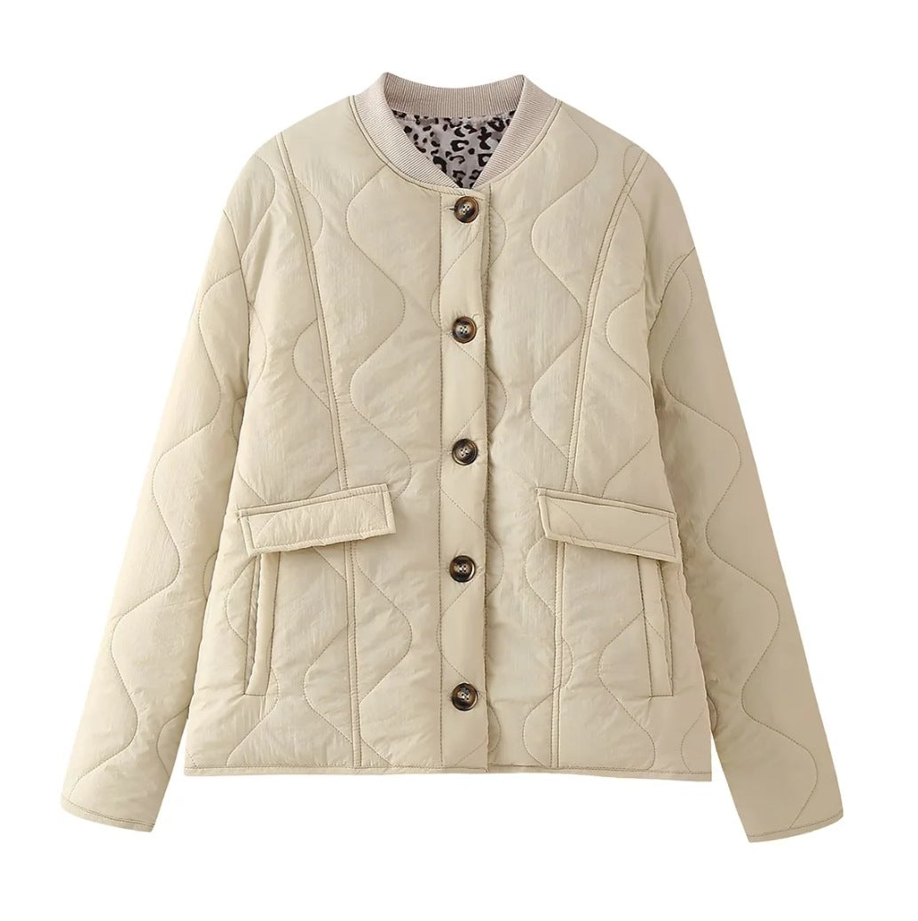 Women's Oversized Quilted Jacket with Leopard Print Lining