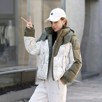 Women's Two-Tone Puffer Jacket with Stand Collar