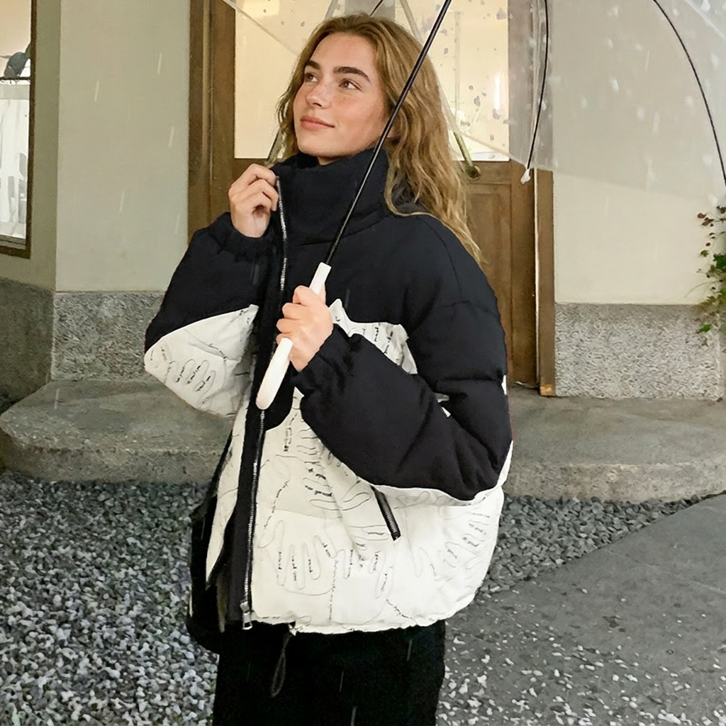 Women's Two-Tone Puffer Jacket with Stand Collar