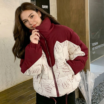 Women's Two-Tone Puffer Jacket with Stand Collar